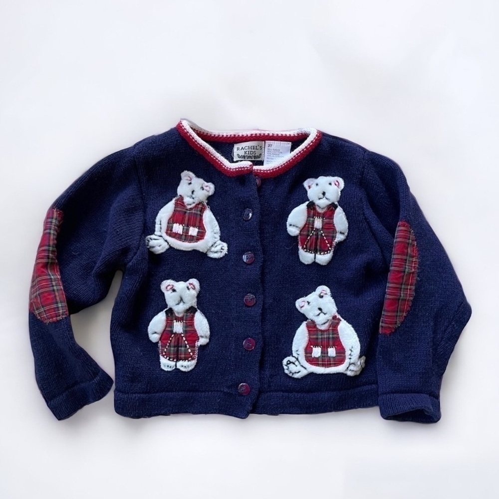 Vintage Rachel’s Kids navy & red knit cardigan with teddy bears size 3T